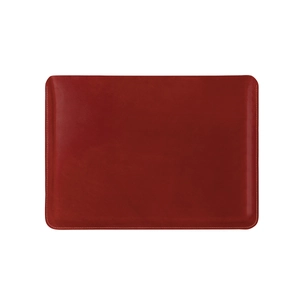 Detailed close-up of red leather laptop sleeve featuring white contrast stitching