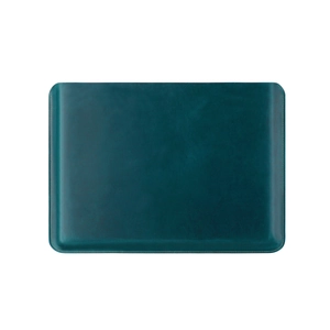 Detail of dark green leather laptop sleeve showing fine stitching and rounded edges