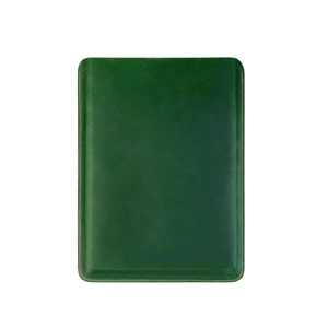 Close-up of fine stitching on dark green crazy horse leather MacBook Pro 14 sleeve