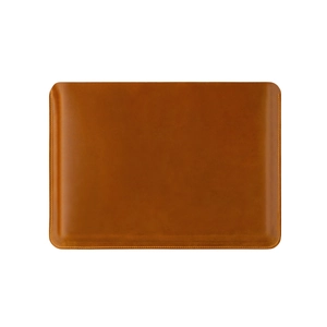 Detailed view of the fine stitching and texture on the premium brown leather laptop sleeve