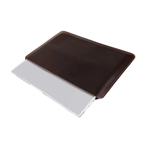 Dark brown leather sleeve for MacBook Pro 16 with yellow stitching and minimalist design