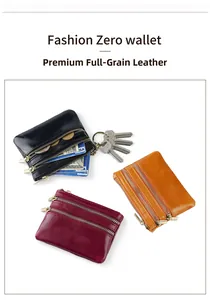 Three-layer genuine leather coin purse with zipper compartments and keychain feature