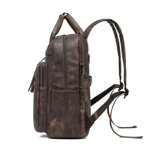 Retro deep brown PU leather backpack with large capacity and multi-zipper structure