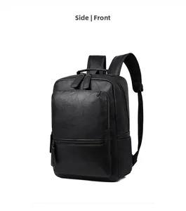 Side view of black PU leather business backpack with litchi texture and ergonomic straps