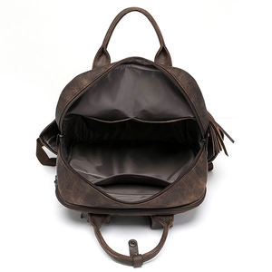 Vintage brown PU leather backpack with large capacity and multi-functional internal pockets