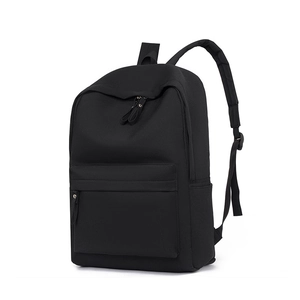 Minimalist black oxford fabric backpack with front zipper pocket and padded shoulder straps