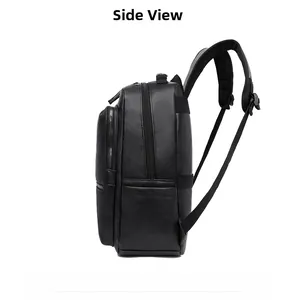 Side view of black PU leather business backpack featuring triple zipper compartments and mesh straps