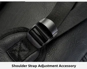 Detail of adjustable shoulder strap with durable buckle on black leather backpack