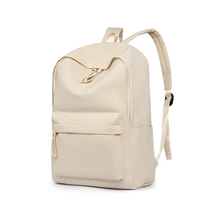 Minimalist beige oxford backpack with front zipper pocket and side water bottle compartments
