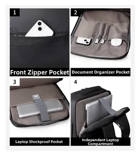 Detailsicht des Laptop-Rucksacks mit mehreren Fächern, Organizern und Polsterschutz