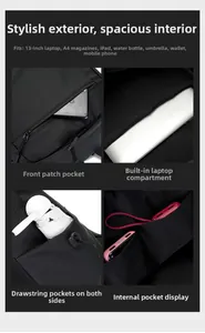 Macro view of water-resistant fabric compartments and internal pockets for business laptop bag