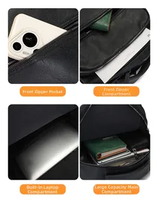 Detailed interior views of the large black faux leather backpack showing multiple compartments
