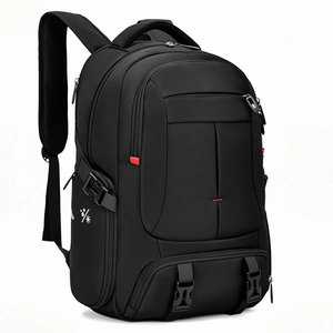 Large capacity black travel backpack with multiple compartments and waterproof material