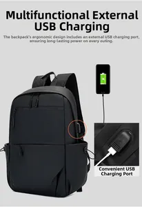 Detail of laptop backpack showing the external USB charging port and multi-layer zippers