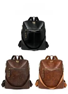 Three colors of vintage faux leather backpacks: black, coffee, and brown in detail