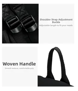 Detail view of adjustable buckle straps and sturdy woven handle on black nylon backpack