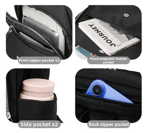 Detail view of multi-compartment black oxford backpack showing various functional pockets