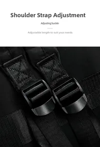 Detail of adjustable reinforced nylon shoulder straps with heavy-duty buckles on black backpack
