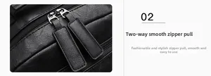 Detail of smooth two-way zippers with long leather pullers on black business backpack