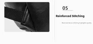 Close-up of reinforced stitching on the black PU leather strap of the men's backpack