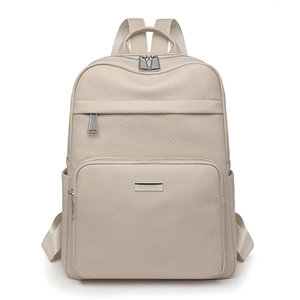 Chic beige lychee grain leather backpack for women with metal zippers and side pockets