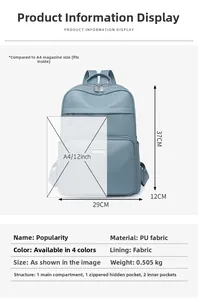 Détails du sac à dos bleu brume en cuir PU avec dimensions 37x29x12cm et spécifications