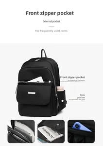 Macro detail of multi-compartment oxford backpack with side pockets and front zipper
