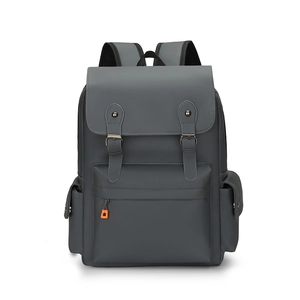 Vintage dark gray multi-pocket travel backpack with stylish orange zipper accents