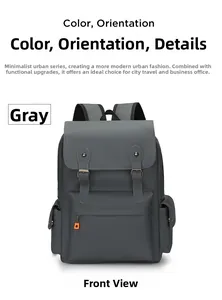 Detailed front view of grey backpack with double buckle flap and front zipper pocket