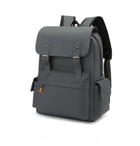 45-degree side view of dark grey retro travel backpack with multi-pocket and strap design