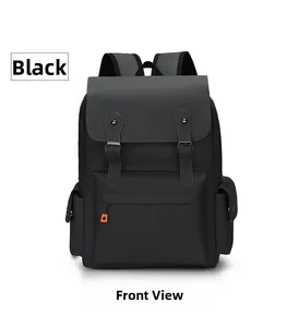 Detailed front view of black vintage men's backpack with dual buckle flap and multiple pockets