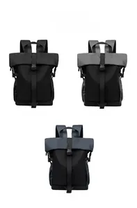 Waterproof roll-top motorcycle backpack in black, grey, and blue colors showing three-view layout