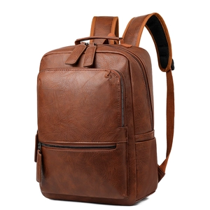 Classic brown PU leather laptop backpack for men with large capacity and vintage texture