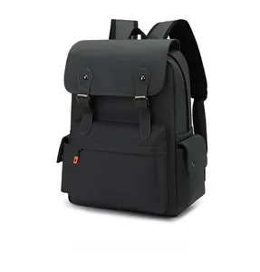 45-degree side view of a grey water-resistant backpack with orange zipper details