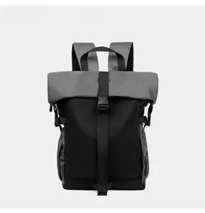 Detail of grey honeycomb textured flap and buckle closure on functional cycling backpack