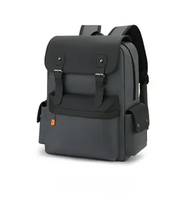 Detailed 45-degree side view of vintage contrast color backpack with durable buckle straps