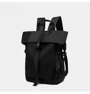 Side view of black tactical backpack with adjustable buckle straps and breathable mesh straps
