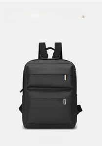 Front detail of black lightweight backpack with water-resistant nylon and metal zippers