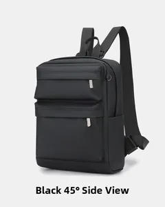 Side view of black lightweight nylon backpack featuring two front zipper compartments