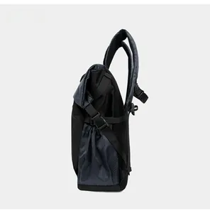 Side view of motorcycle backpack with mesh back panel and adjustable compression straps