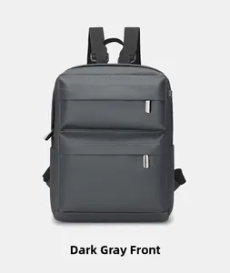 Front detail of dark gray waterproof nylon backpack with horizontal zipper pockets