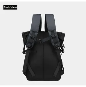 Ergonomic back view of black motorcycle helmet backpack with breathable mesh and S-shaped straps