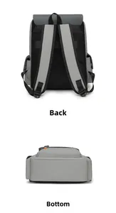 Detail view of the breathable padded back panel and sturdy bottom of this gray travel backpack