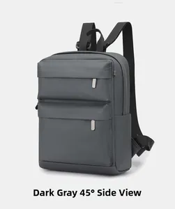 45-degree side view of dark grey lightweight outdoor backpack with waterproof fabric