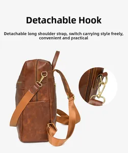 Detail view of caramel faux leather backpack with detachable nylon strap and gold hardware