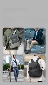 Detail view of vintage multi-pocket backpack in urban commuting and business travel scenes