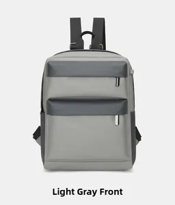 Front view of light grey lightweight backpack with multi-layer zipper pockets for outdoor