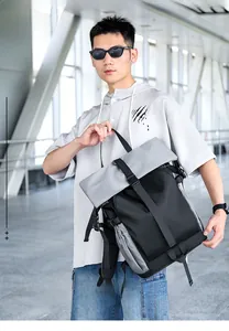 Detail view of water-resistant large capacity travel backpack with roll-top closure system
