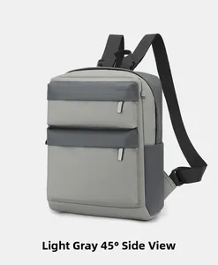 Detail view showing 45-degree side angle of light gray拼接 lightweight sports backpack