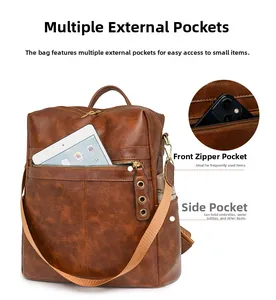 Detailed view of dark brown leather backpack with multiple functional storage pockets
